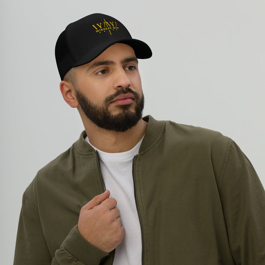 The original Winners Win cap in black with the Winners Win logo embroidered in gold
