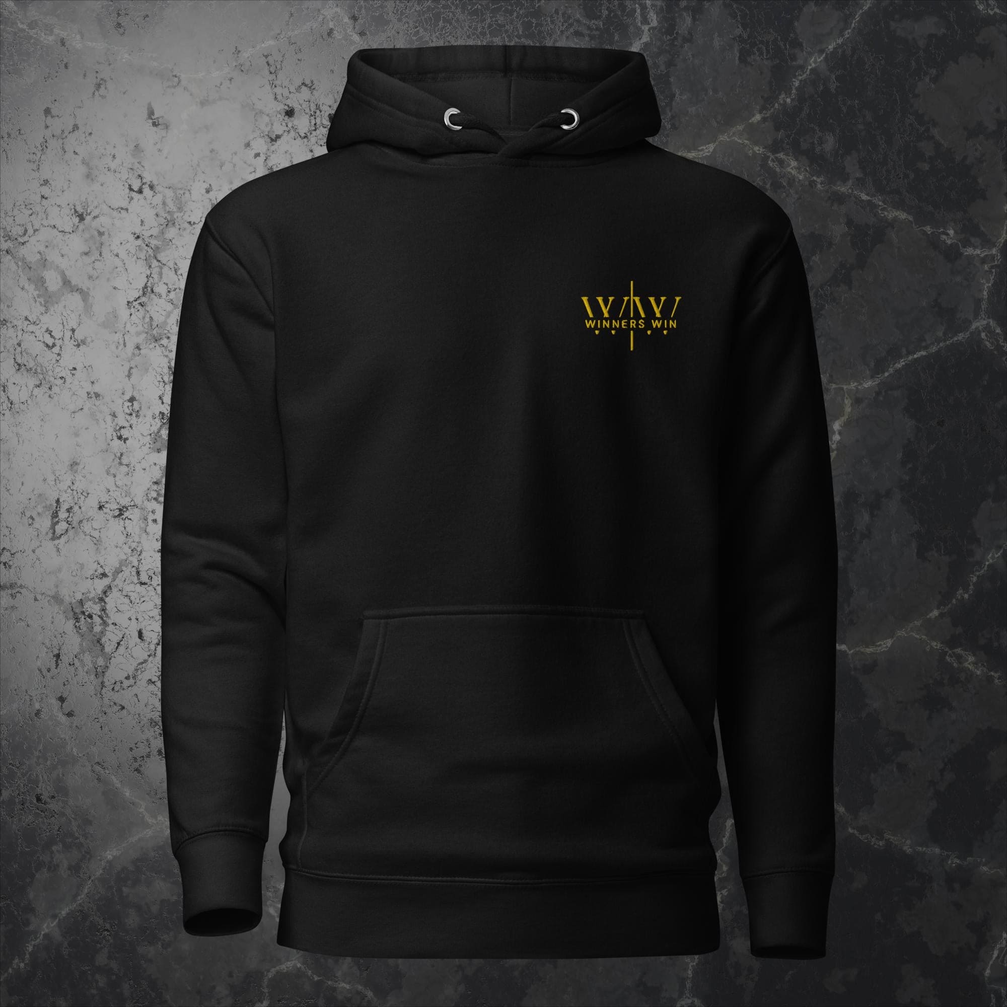 Winners Win black hoodie with gold embroidered logo 